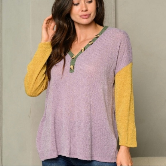 Lavender Green Mustard Color Block V-Neck Top Decorative Buttons - Picture 3 of 5